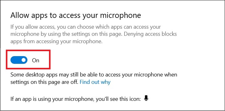 bạn hãy bật chế độ Allow apps to access your microphone.