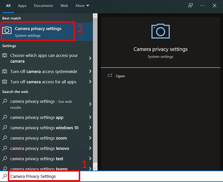  Bạn gõ từ khóa Camera Privacy Settings trên thanh Windows search