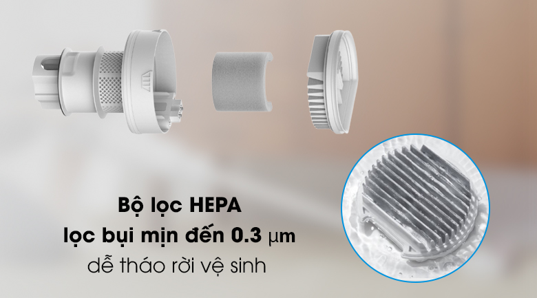 Máy hút bụi cầm tay Xiaomi BHR4636GL sử dụng bộ lọc HEPA giúp lọc sạch vụi và dễ tháo rời vệ sinh