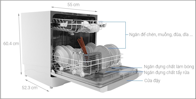 Máy rửa chén mini Electrolux ESF6010BW có chiều ngang - cao - sâu lần lượt là 55cm - 60.4cm - 52.3cm