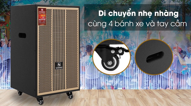 Loa kéo Karaoke Nanomax S-900 trang bị 4 bánh xe giúp di chuyển dễ dàng