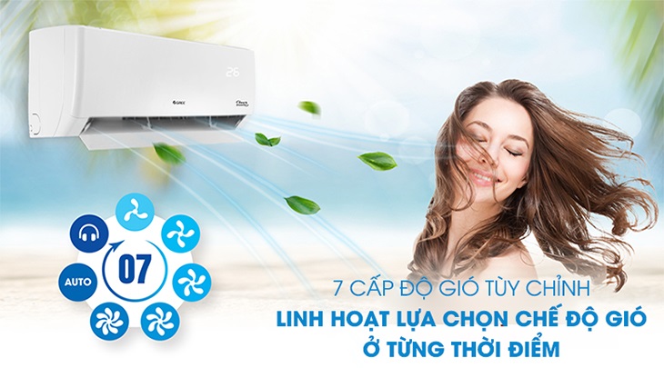 Máy lạnh Gree Inverter 2 HP GWC18PC-K3D0P4 giúp người dùng chọn chế độ gió phù hợp với 7 cấp độ gió khác nhau