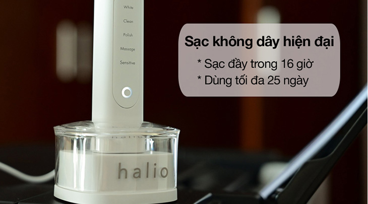 Bàn chải điện Halio Sonic Whitening Pro White cho bạn thỏa sức sử dụng với dung lượng pin khủng, có thể sử dụng liên tục trong 25 ngày chỉ với 1 lần sạc