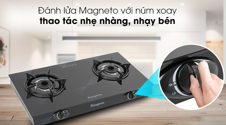 Bếp ga đôi Kangaroo KG8G1A trang bị đánh lửa Magneto giúp dễ dàng điều chỉnh ngọn lửa lớn nhỏ bằng núm xoay.