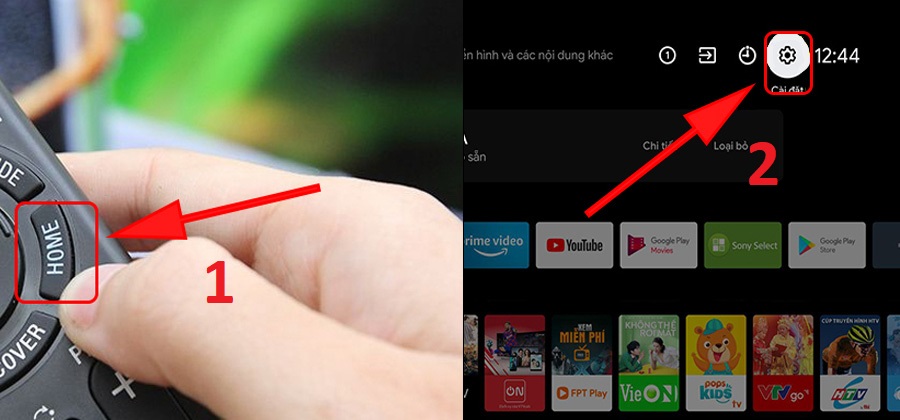Bước 1: Chọn nút HOME trên remote để trở về màn hình chính > Chọn Cài đặt (Settings) 