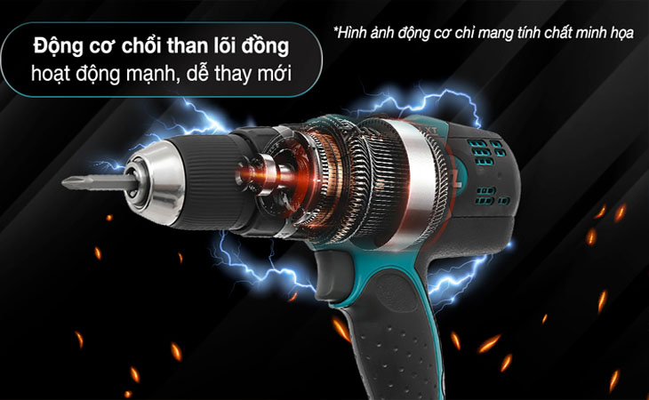 Máy khoan vặn vít động lực pin Makita DHP453SFX8 18V trang bị động cơ chổi than lõi đồng hoạt động mạnh mẽ.