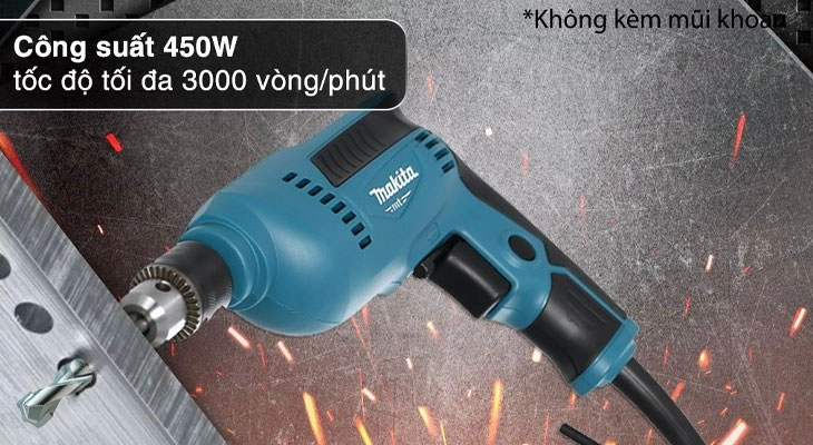 Máy khoan điện Makita M6001B 450W có khả năng khoan tốt trên bề mặt gỗ và thép dày.