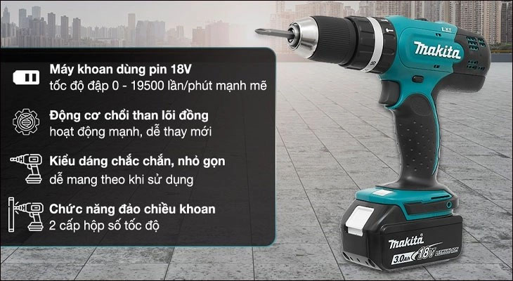 Máy khoan vặn vít động lực pin Makita DHP453SFX8 18V có tính di động cao, hoạt động bền bỉ