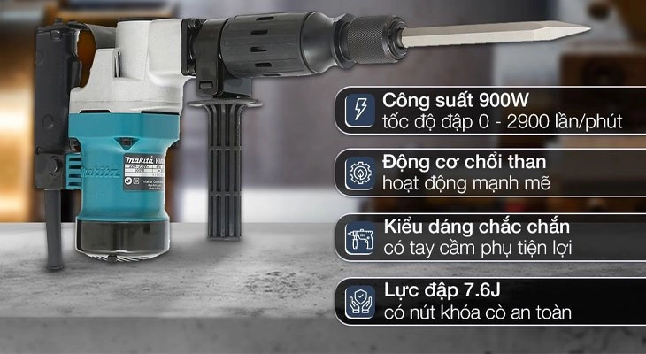 Máy đục bê tông điện Makita HM0810TA 900W giúp dễ dàng khoan đục hoặc phá các kết cấu bê tông, đá, gạch cứng.