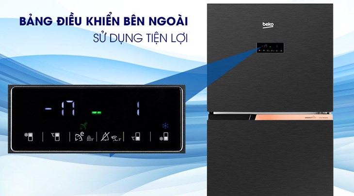 Tủ lạnh Beko Inverter 340 lít RDNT371E50VZK được trang bị bảng điều khiển cảm ứng giúp người dùng dễ dàng điều khiển