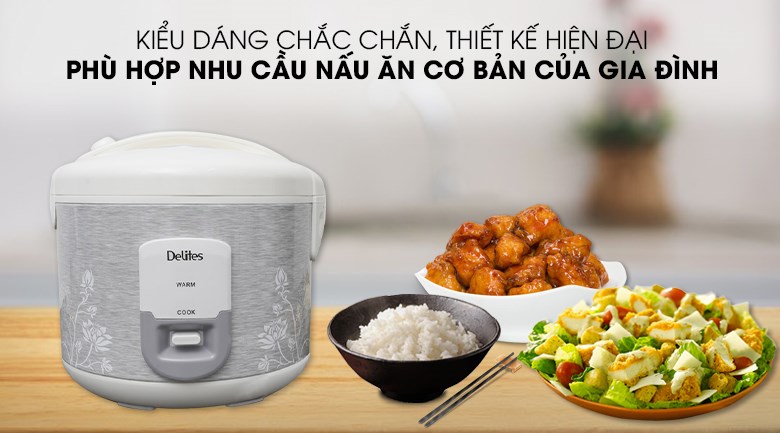 Nồi cơm nắp gài Delites 1.8 lít NCG1805 với kiểu dáng chắc chắn phù hợp với nhu cầu nấu ăn cơ bản của gia đình