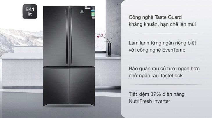 Tủ lạnh Electrolux Inverter 541 lít Multi Door EQE6000A-B sở hữu công nghệ Taste Guard giúp kháng khuẩn và hạn chế lẫn mùi thực phẩm