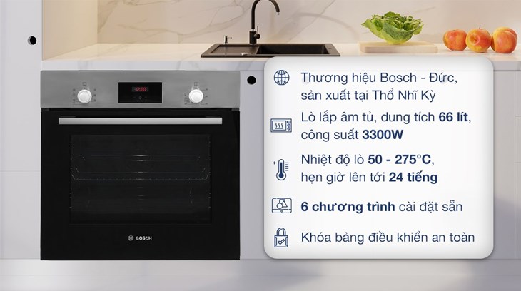 Lò nướng âm Bosch HBF113BR0A có dung tích và công suất lớn, giúp nấu nướng thuận lợi dễ dàng