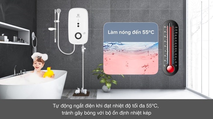 Máy nước nóng trực tiếp Electrolux 4500W EWE451KB-DWG2 có khả năng làm nóng đến 55 độ C nên chỉ phù hợp với khu vực miền Nam hay nơi có nhiệt độ trên 20 độ C