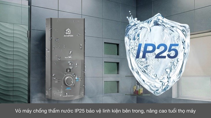 Máy nước nóng trực tiếp Ariston 4500W AURES PREMIUM+ 4.5P có vỏ chống thấm nước IP25, hỗ trợ tăng độ bền cho máy hiệu quả