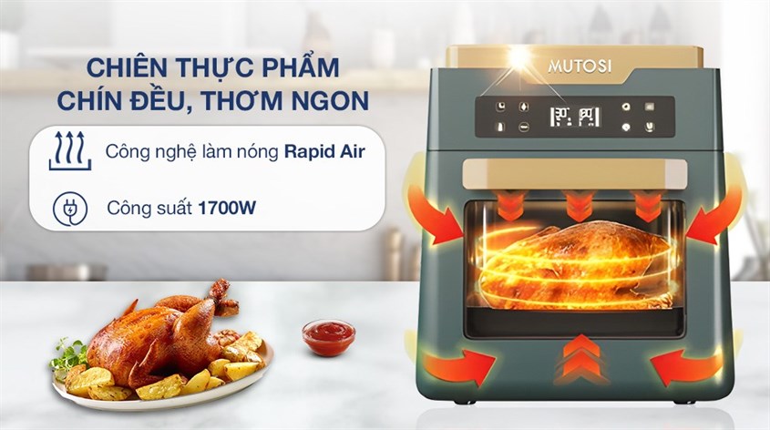 Lò chiên không dầu Mutosi MF-99D 12 lít sử dụng công nghệ làm nóng Rapid Air giúp thực phẩm chín đều, thơm ngon