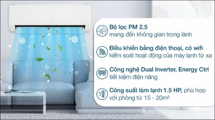 Công suất của máy lạnh LG Inverter 1.5 HP V13WIN1 cho khả năng làm mát tối ưu đối với phòng có thể tích 