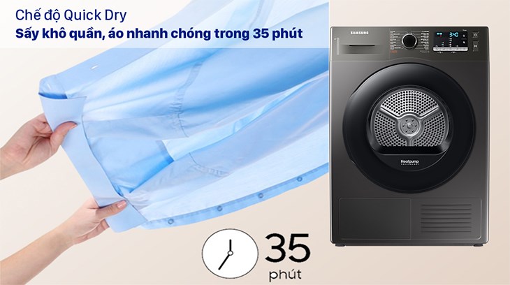 Máy sấy bơm nhiệt Samsung 9 kg DV90TA240AX/SV sở hữu chế độ Quick Dry giúp sấy khô quần áo trong vòng 35 phút