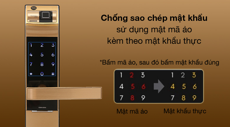 Khóa điện tử Yale YDM4109AGOLD được trang bị tính năng chống sao chép mật khẩu, góp phần gia tăng khả năng bảo mật