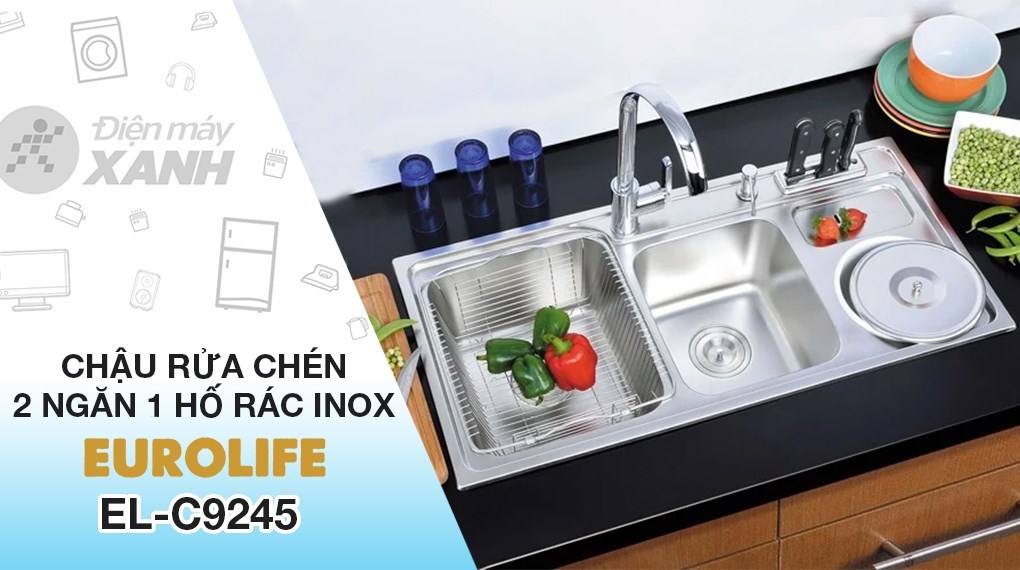 Chậu rửa chén 2 ngăn 1 hố rác inox Eurolife EL-C9245