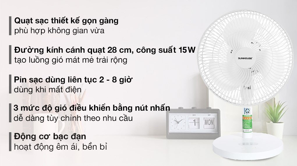 Quạt sạc điện Sunhouse 3 cánh SHD7115 15W