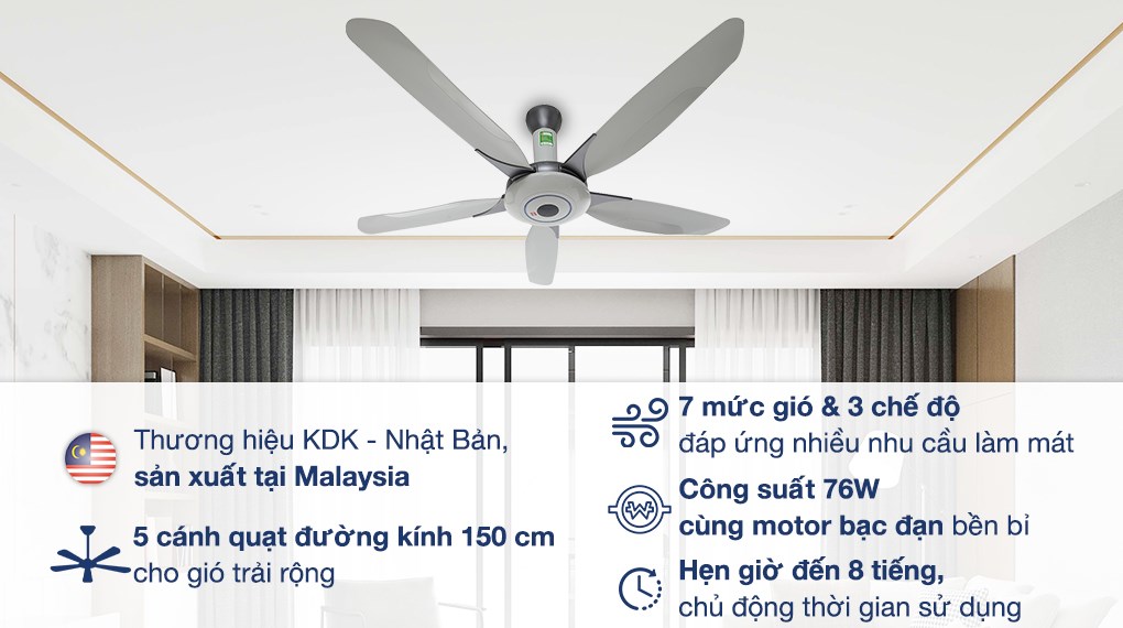 Quạt trần KDK 5 cánh Z60WS(GY) 76W