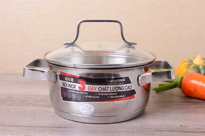 Nồi inox 3 đáy nắp kính 16 cm Happycook N16 MLGP