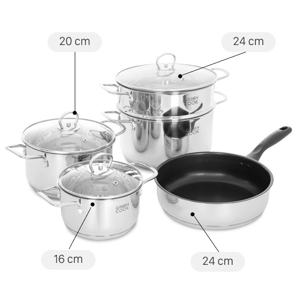 Bộ nồi chảo inox 5 đáy nắp kính Green Cook GCS241-T1