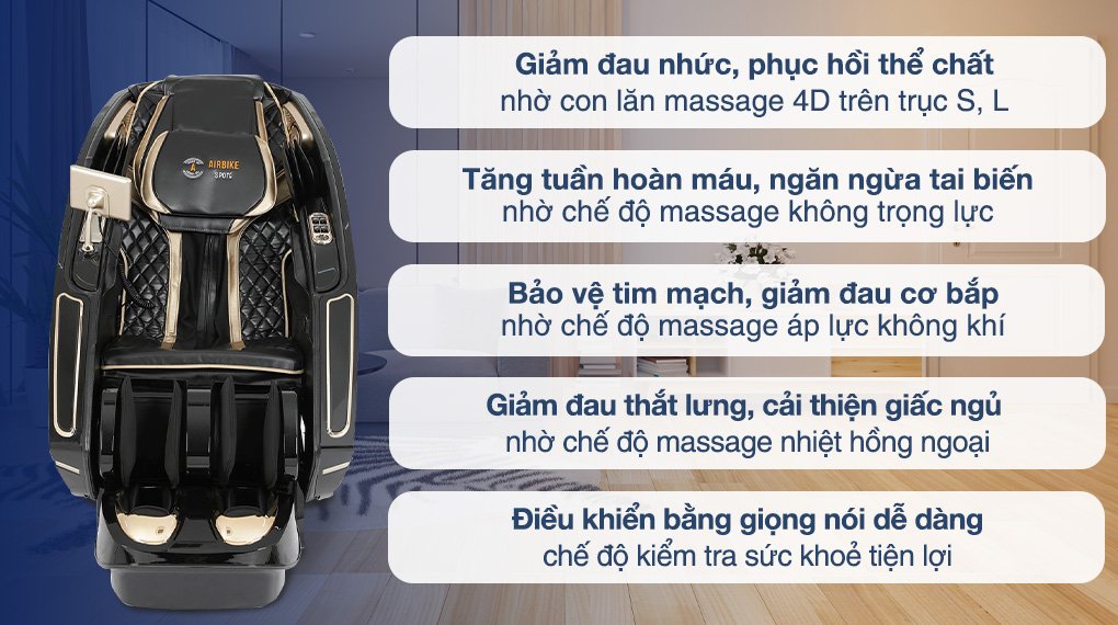 Ghế massage Airbike Sports MK-337 được tích hợp các công nghệ AI hỗ trợ xoa bóp, làm giảm các cơn đau nhức hiệu quả