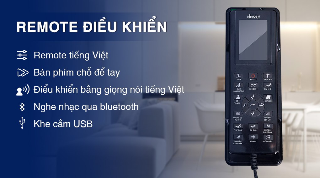 Ghế massage Daikiosan DKGM-20005D sử dụng công nghệ điều khiển bằng giọng nói, cho phép người dùng điều chỉnh các chức năng hoạt động dễ dàng