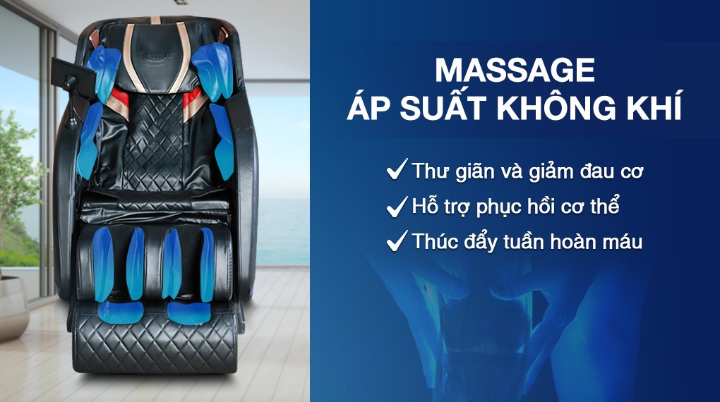 Ghế massage Fuji Luxury FJ 699 được trang bị massage áp suất không khí thực hiện các động tác bóp nén cơ thể giúp lưu thông máu tốt hơn, hỗ trợ phục hồi cơ thể