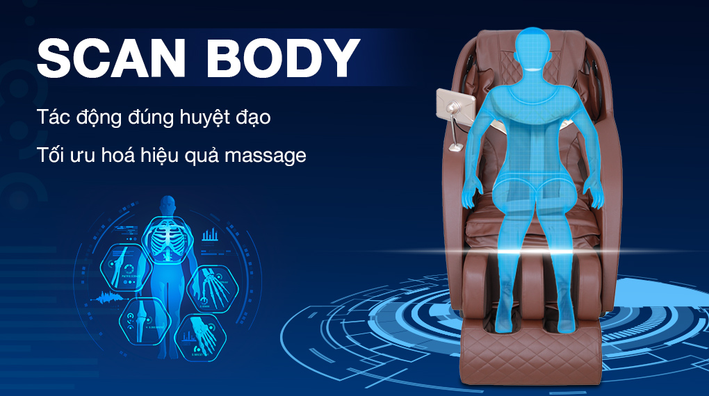 Tính năng Scan Body trên ghế massage Fuji Luxury PT607 giúp xác định các vị trí huyệt đạo trên cơ thể một cách chính xác