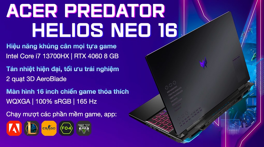 Laptop Acer Gaming Predator Helios Neo 16 PHN16 71 74BA i7 13700HX/16GB/512GB/8GB RTX4060/165Hz/Win11 (NH.QLUSV.004)