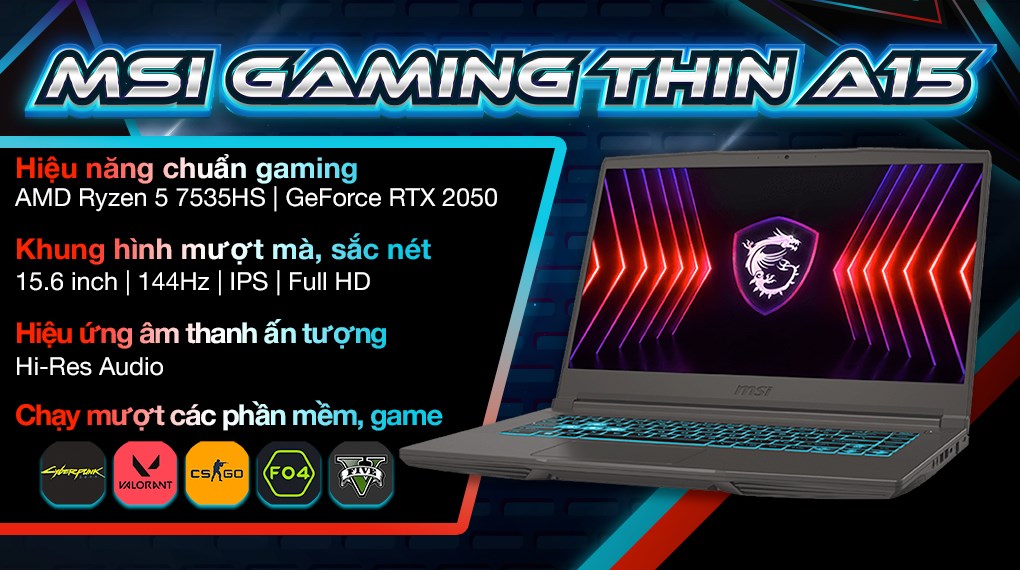 Laptop MSI Gaming Thin A15 B7UCX R5 7535HS/8GB/512GB/4GB RTX2050/144Hz/Balo/Win11 (020VN)