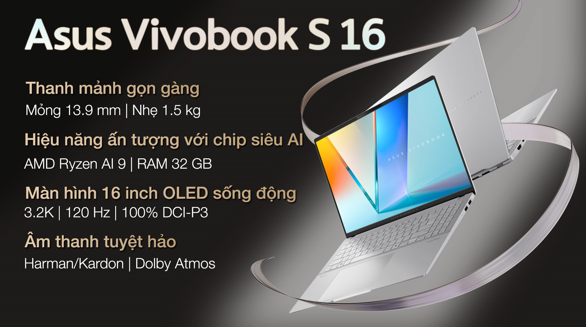 Laptop Asus Vivobook S 16 OLED M5606WA R9 AI HX 370/32GB/1TB/120Hz/OfficeHS/Win11 (MX072WS)