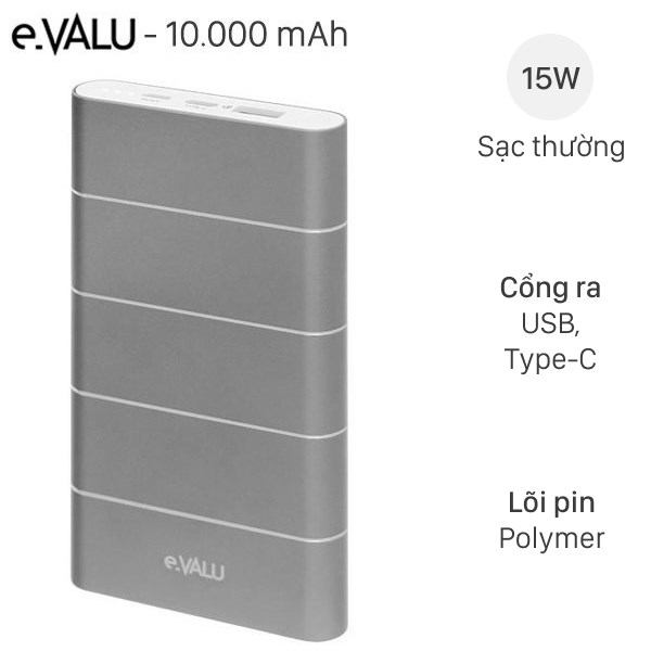 Pin sạc dự phòng Polymer 10.000 mAh Type C QC3.0 eValu PA F1 Air