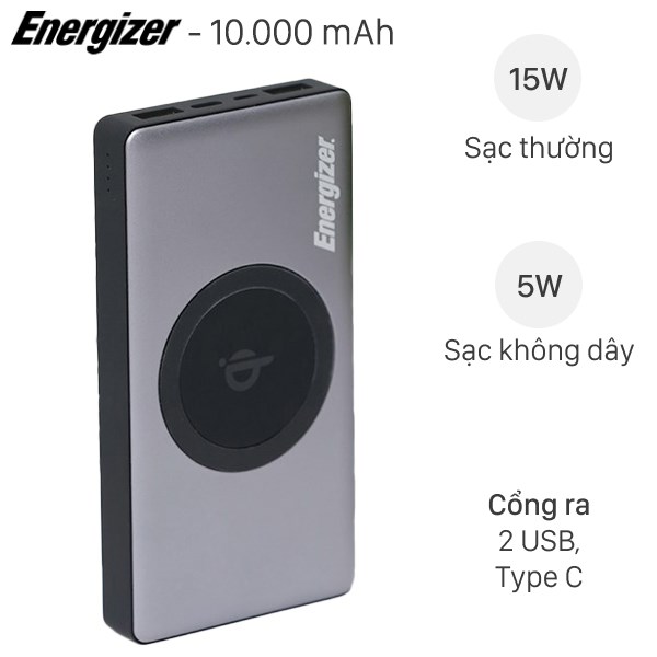 Pin sạc dự phòng không dây 10.000 mAh Type C 15W Energizer QE10000GY