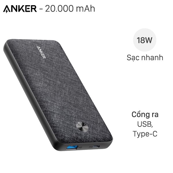 Pin sạc dự phòng Polymer 20.000 mAh Type C PD Anker PowerCore Essential A1281 Fabric