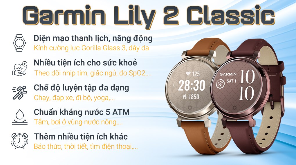 Đồng hồ thông minh Garmin Lily 2 Classic 34mm dây da