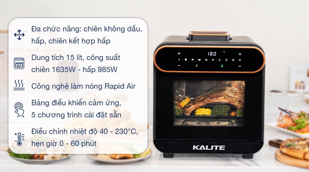 Lò chiên không dầu kết hợp hấp Kalite STEAM PRO 15 lít